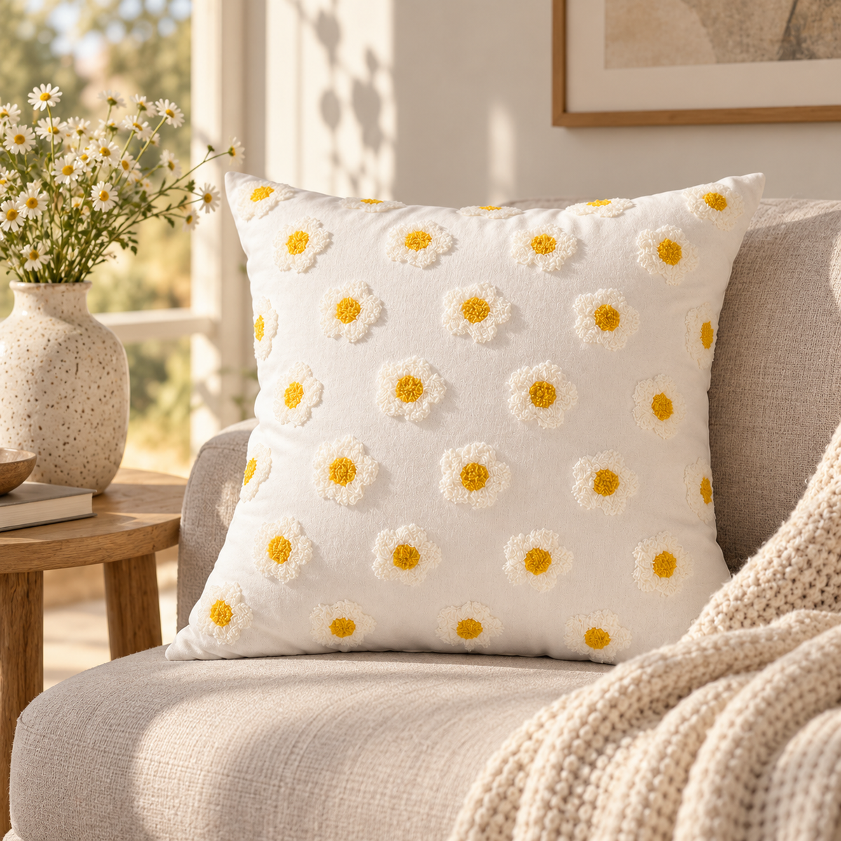 White Daisy Embroidered Cushion Pillow