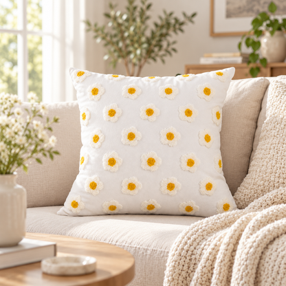 White Daisy Embroidered Cushion Pillow